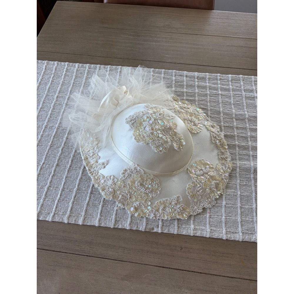 Vintage women's bridal wedding hat lace tulle sequins satin
